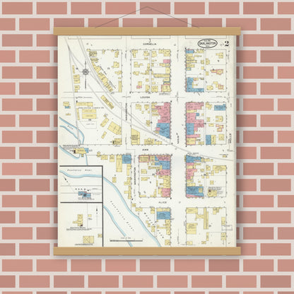 Old map wall art mockup — magnetic wood frame on brick wall — Sanborn Fire Insurance Map from Darlington, Lafayette County, Wisconsin (1915), Sheet #0002