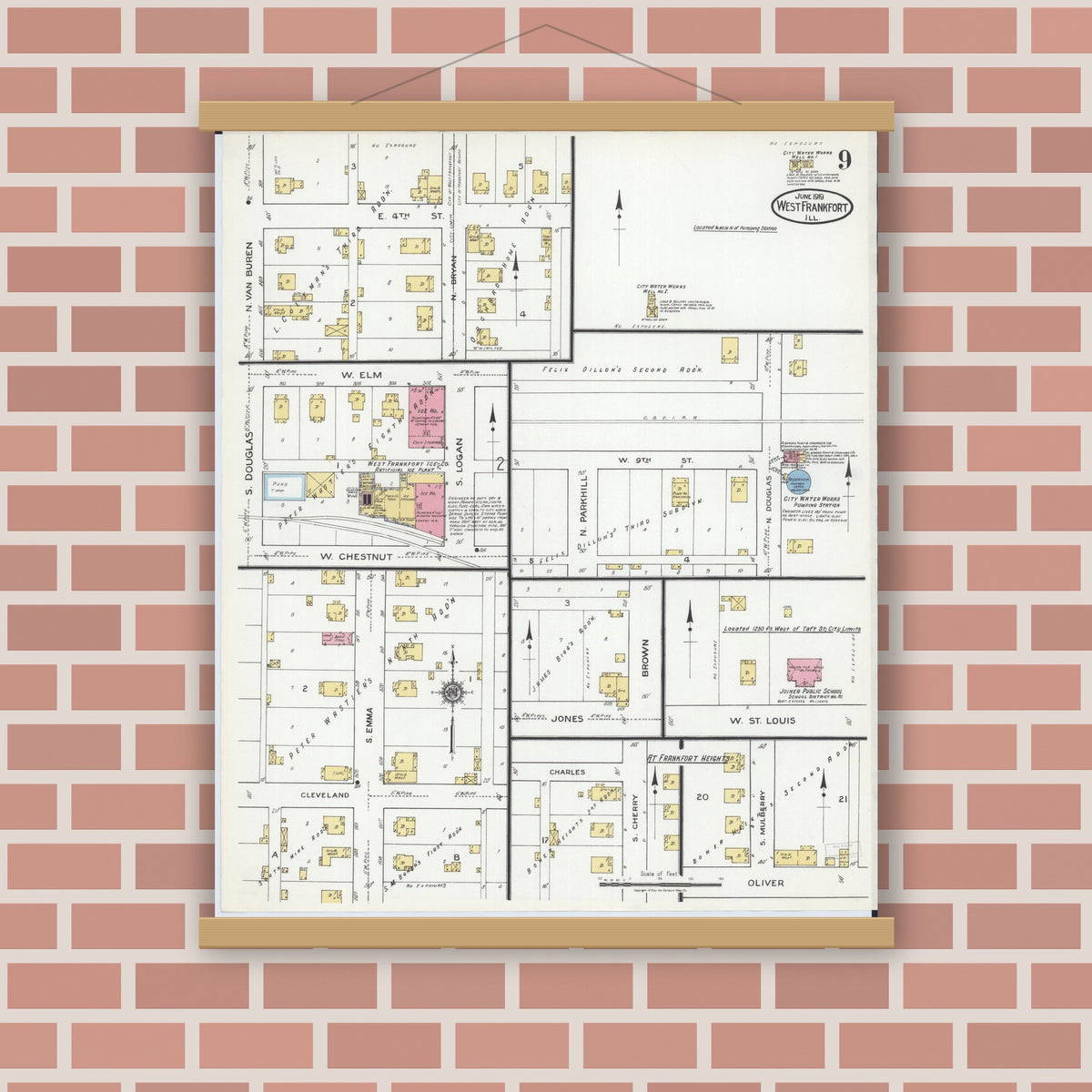 Old map wall art mockup — magnetic wood frame on brick wall — Sanborn Fire Insurance Map from West Frankfort, Franklin County, Illinois (1919), Sheet #0009