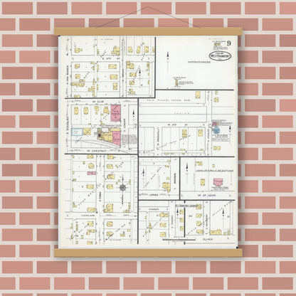 Old map wall art mockup — magnetic wood frame on brick wall — Sanborn Fire Insurance Map from West Frankfort, Franklin County, Illinois (1919), Sheet #0009