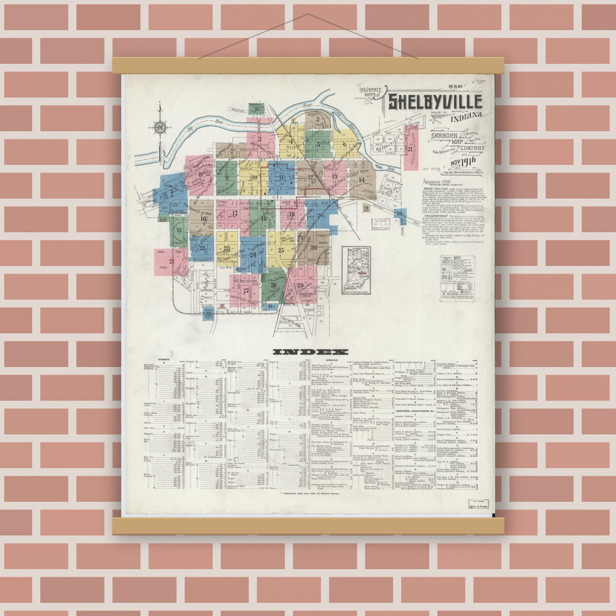 Old map wall art mockup — magnetic wood frame on brick wall — Sanborn Fire Insurance Map from Shelbyville, Shelby County, Indiana (1916), Sheet #0001