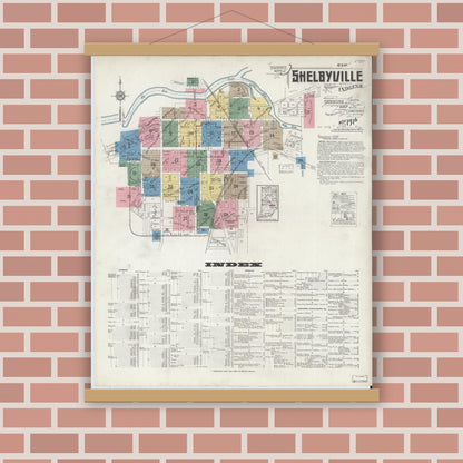 Old map wall art mockup — magnetic wood frame on brick wall — Sanborn Fire Insurance Map from Shelbyville, Shelby County, Indiana (1916), Sheet #0001