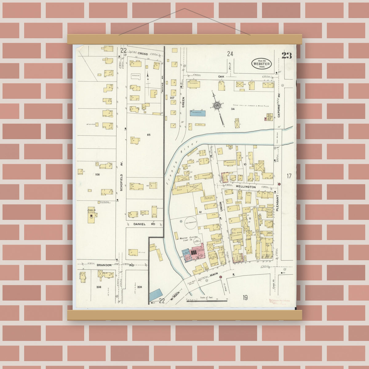Old map wall art mockup — magnetic wood frame on brick wall — Sanborn Fire Insurance Map from Webster, Worcester County, Massachusetts (1911), Sheet #0023