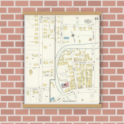 Old map wall art mockup — magnetic wood frame on brick wall — Sanborn Fire Insurance Map from Webster, Worcester County, Massachusetts (1911), Sheet #0023