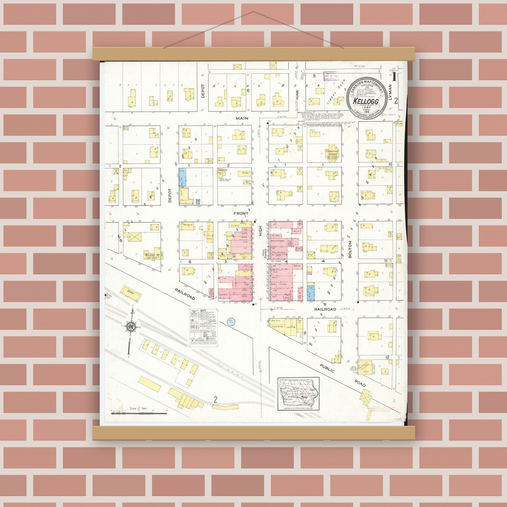 Old map wall art mockup — magnetic wood frame on brick wall — Sanborn Fire Insurance Map from Kellogg, Jasper County, Iowa (1916) â€” Complete Set