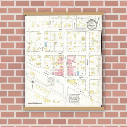 Old map wall art mockup — magnetic wood frame on brick wall — Sanborn Fire Insurance Map from Kellogg, Jasper County, Iowa (1916) â€” Complete Set
