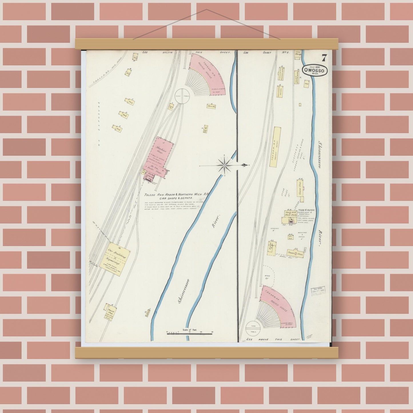 Old map wall art mockup — magnetic wood frame on brick wall — Sanborn Fire Insurance Map from Owosso, Shiawassee County, Michigan (1890), Sheet #0007