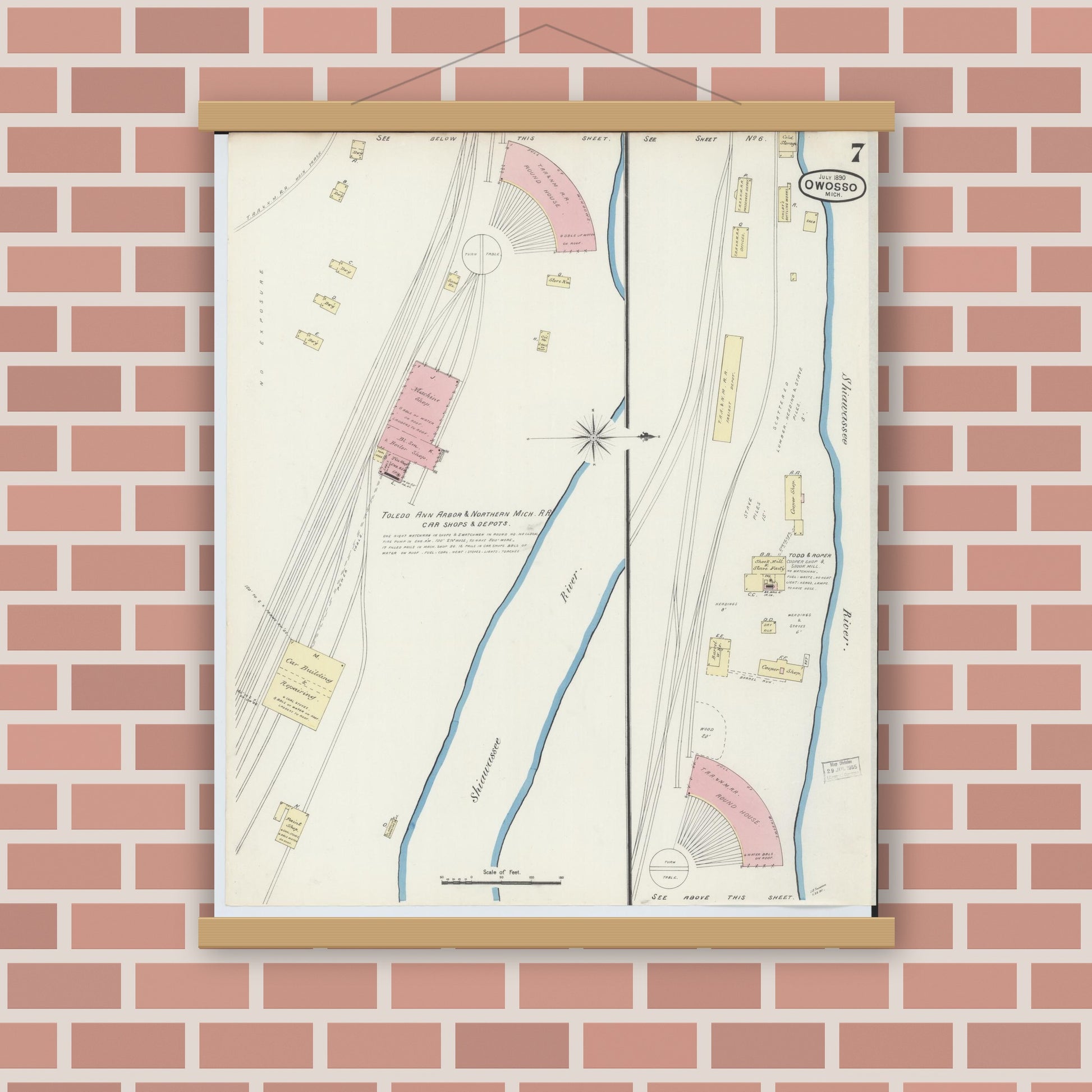 Old map wall art mockup — magnetic wood frame on brick wall — Sanborn Fire Insurance Map from Owosso, Shiawassee County, Michigan (1890), Sheet #0007