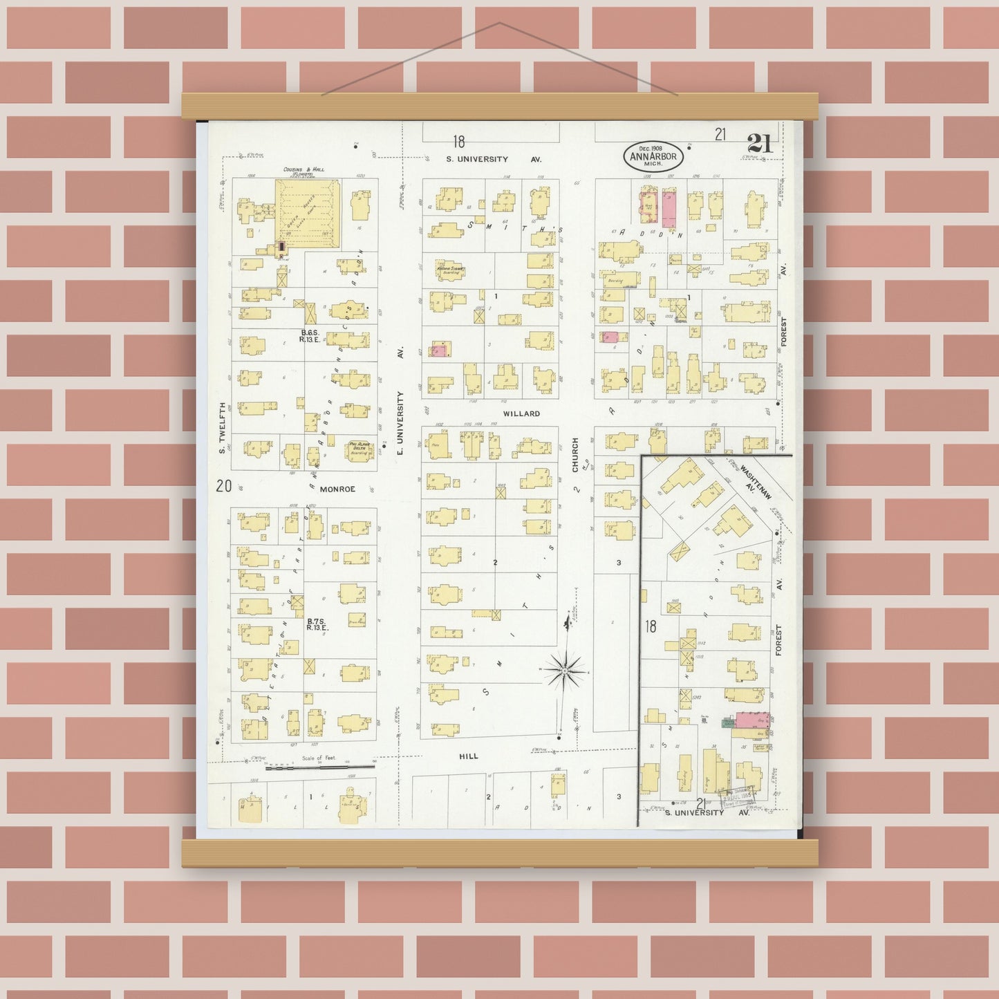 Old map wall art mockup — magnetic wood frame on brick wall — Sanborn Fire Insurance Map from Ann Arbor, Washtenaw County, Michigan (1908), Sheet #0021