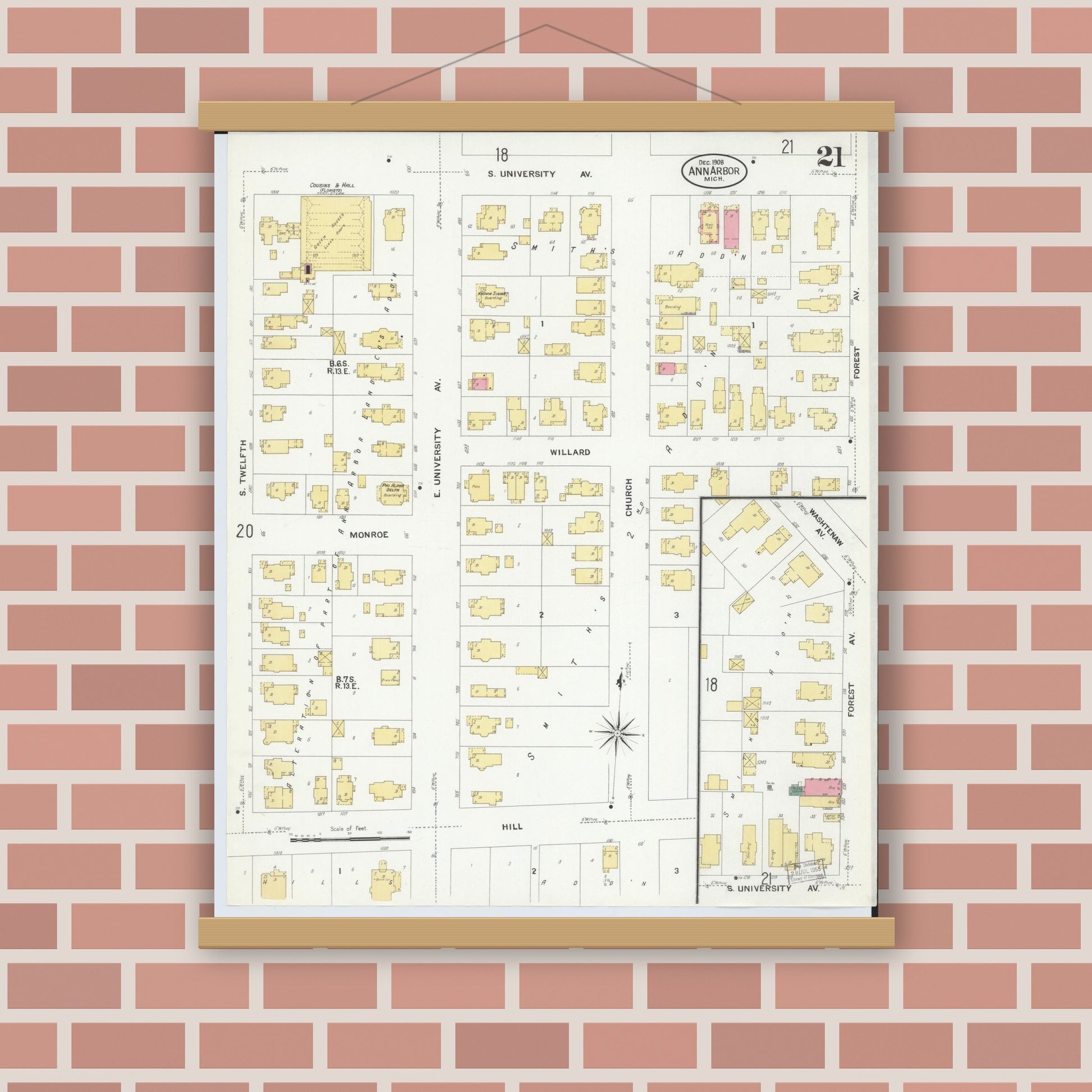 Old map wall art mockup — magnetic wood frame on brick wall — Sanborn Fire Insurance Map from Ann Arbor, Washtenaw County, Michigan (1908), Sheet #0021