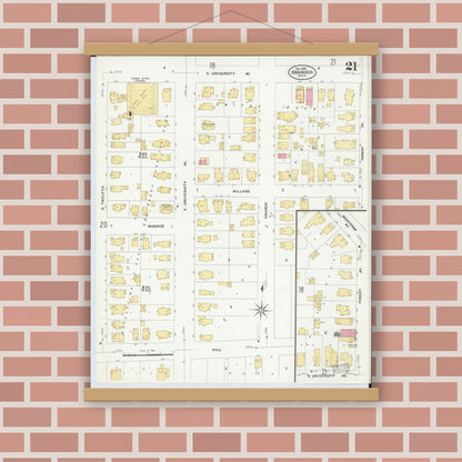 Old map wall art mockup — magnetic wood frame on brick wall — Sanborn Fire Insurance Map from Ann Arbor, Washtenaw County, Michigan (1908), Sheet #0021