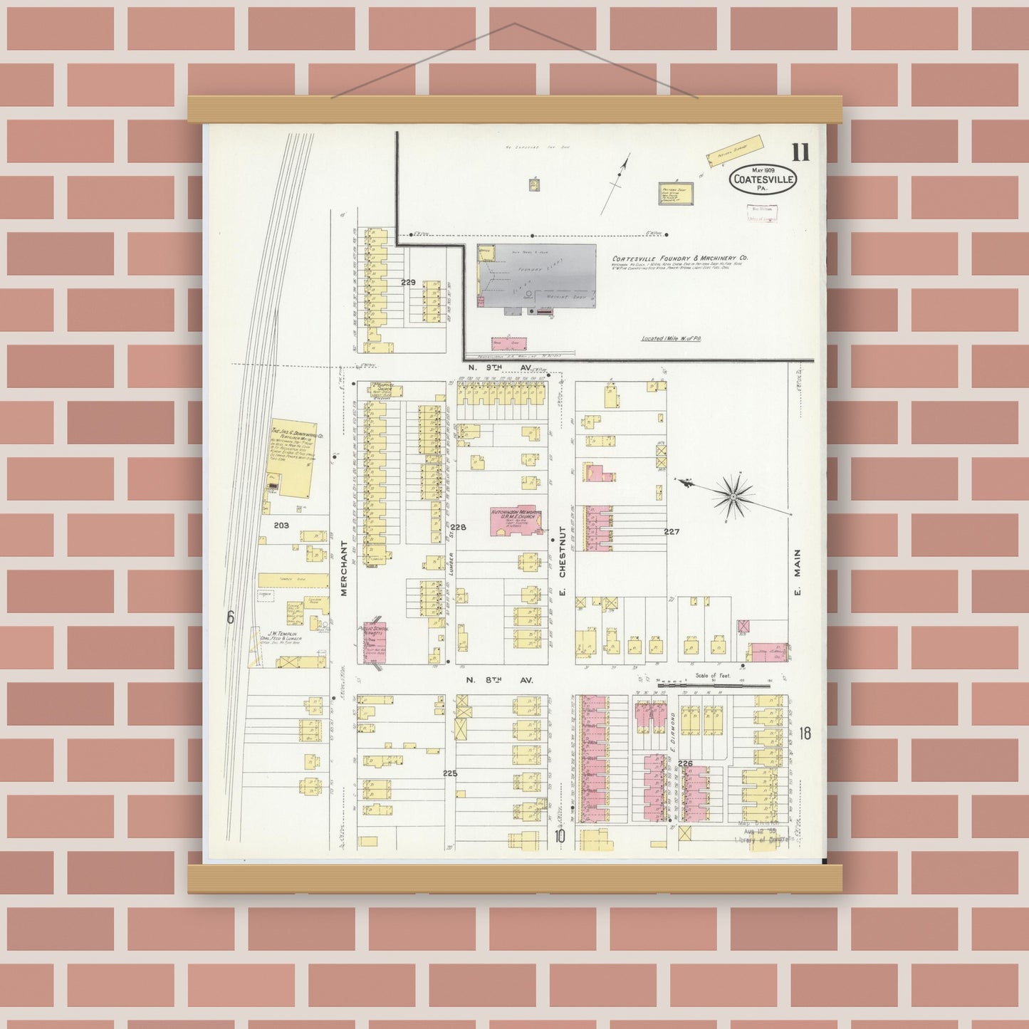 Old map wall art mockup — magnetic wood frame on brick wall — Sanborn Fire Insurance Map from Coatesville, Chester County, Pennsylvania (1909), Sheet #0011