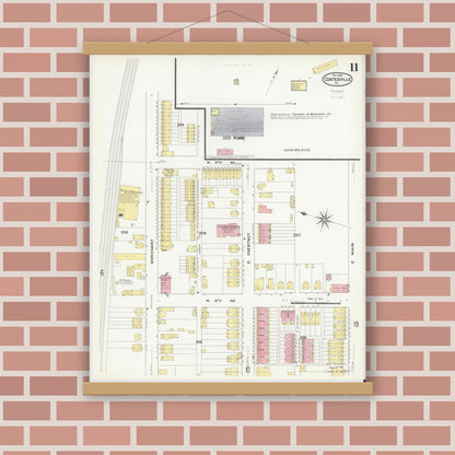 Old map wall art mockup — magnetic wood frame on brick wall — Sanborn Fire Insurance Map from Coatesville, Chester County, Pennsylvania (1909), Sheet #0011