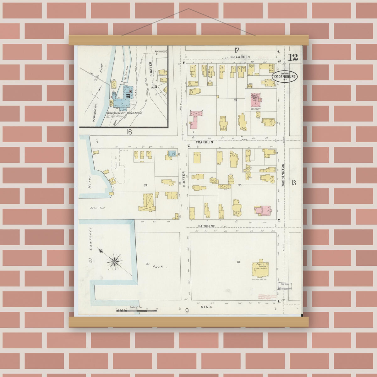 Old map wall art mockup — magnetic wood frame on brick wall — Sanborn Fire Insurance Map from Ogdensburg, St. Lawrence County, New York (1898), Sheet #0012