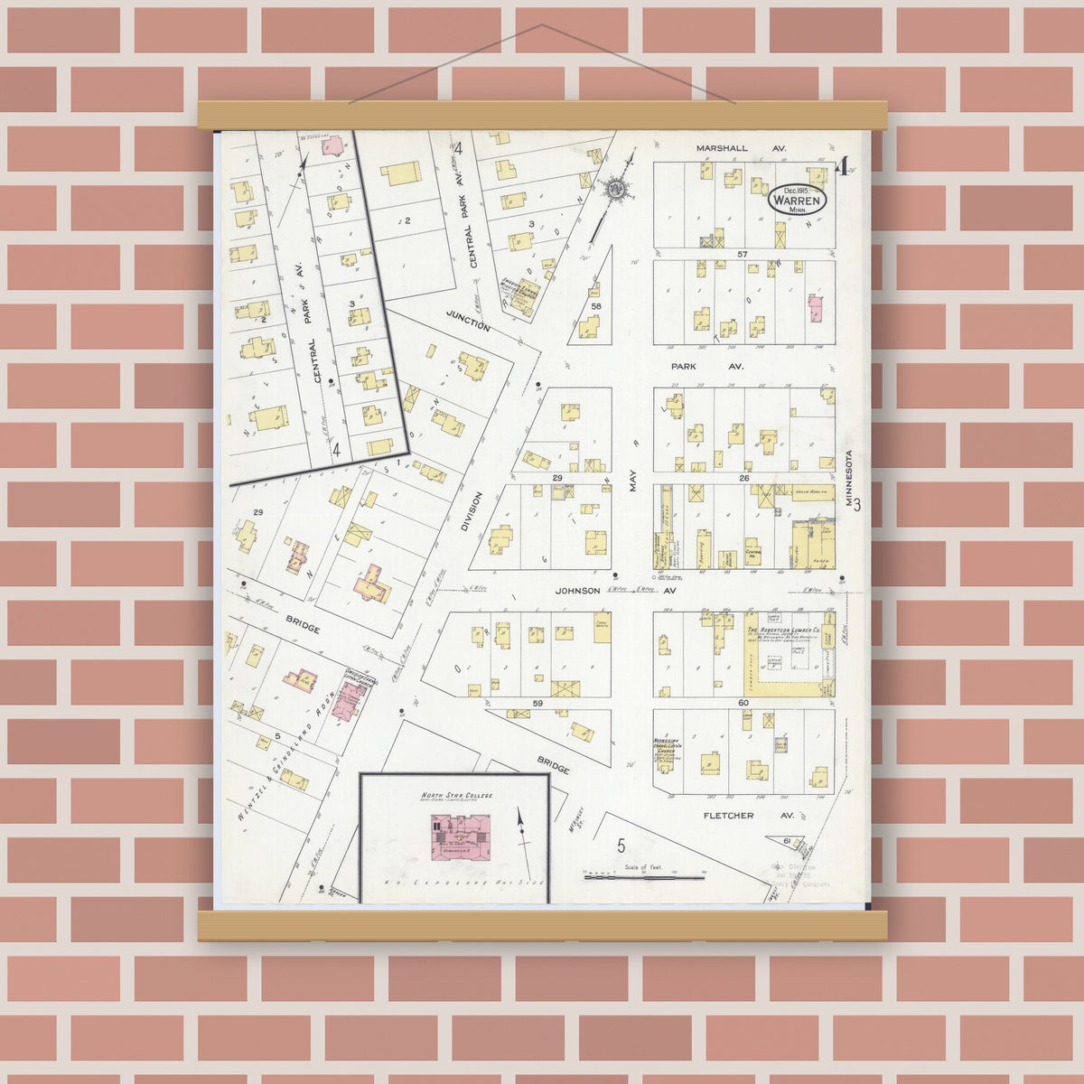 Old map wall art mockup — magnetic wood frame on brick wall — Sanborn Fire Insurance Map from Warren, Marshall County, Minnesota (1915), Sheet #0004