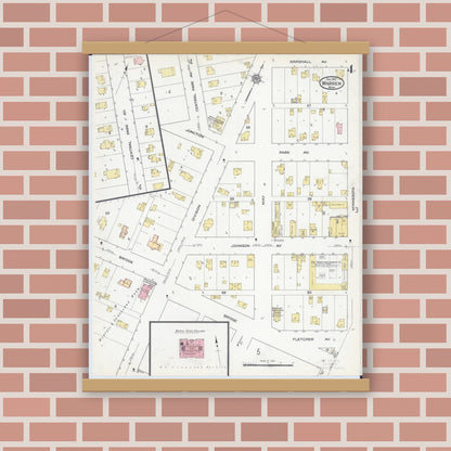 Old map wall art mockup — magnetic wood frame on brick wall — Sanborn Fire Insurance Map from Warren, Marshall County, Minnesota (1915), Sheet #0004