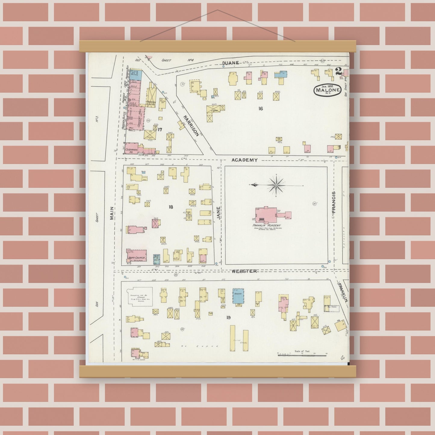 Old map wall art mockup — magnetic wood frame on brick wall — Sanborn Fire Insurance Map from Malone, Franklin County, New York (1892) - Complete Map Set