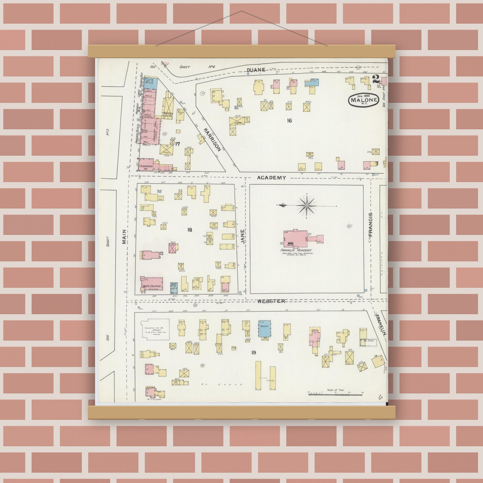 Old map wall art mockup — magnetic wood frame on brick wall — Sanborn Fire Insurance Map from Malone, Franklin County, New York (1892) - Complete Map Set