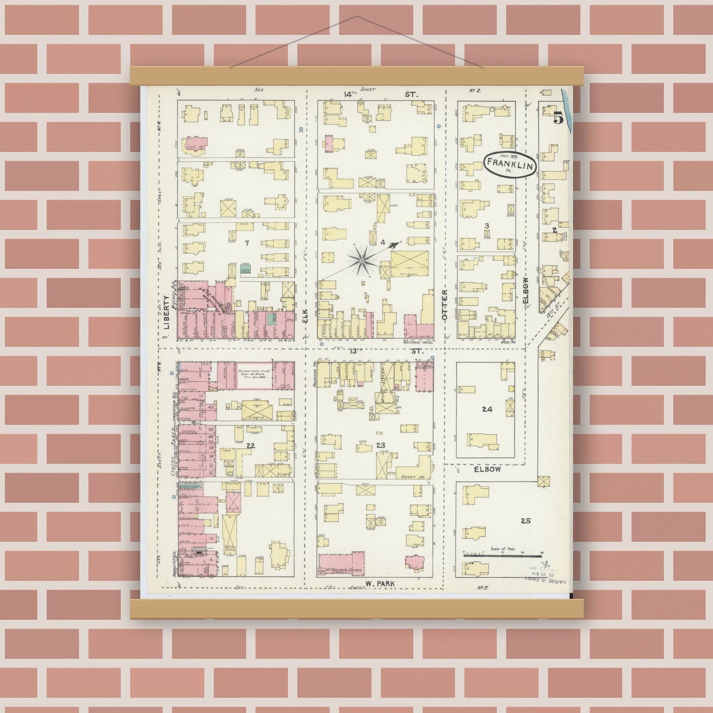Old map wall art mockup — magnetic wood frame on brick wall — Sanborn Fire Insurance Map from Franklin, Venango County, Pennsylvania (1891), Sheet #0005