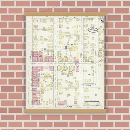 Old map wall art mockup — magnetic wood frame on brick wall — Sanborn Fire Insurance Map from Franklin, Venango County, Pennsylvania (1891), Sheet #0005
