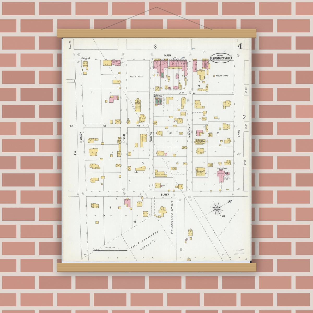 Old map wall art mockup — magnetic wood frame on brick wall — Sanborn Fire Insurance Map from Chandlerville, Cass County, Illinois (1900), Sheet #0004