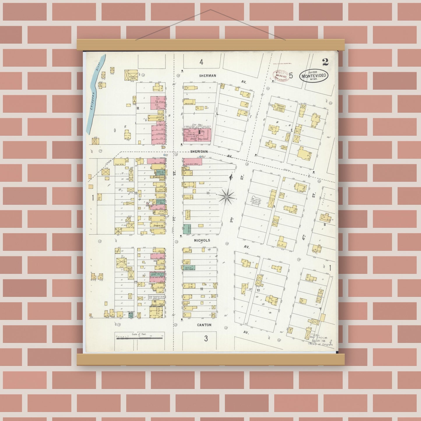Old map wall art mockup — magnetic wood frame on brick wall — Sanborn Fire Insurance Map from Montevideo, Chippewa County, Minnesota (1899), Sheet #0002