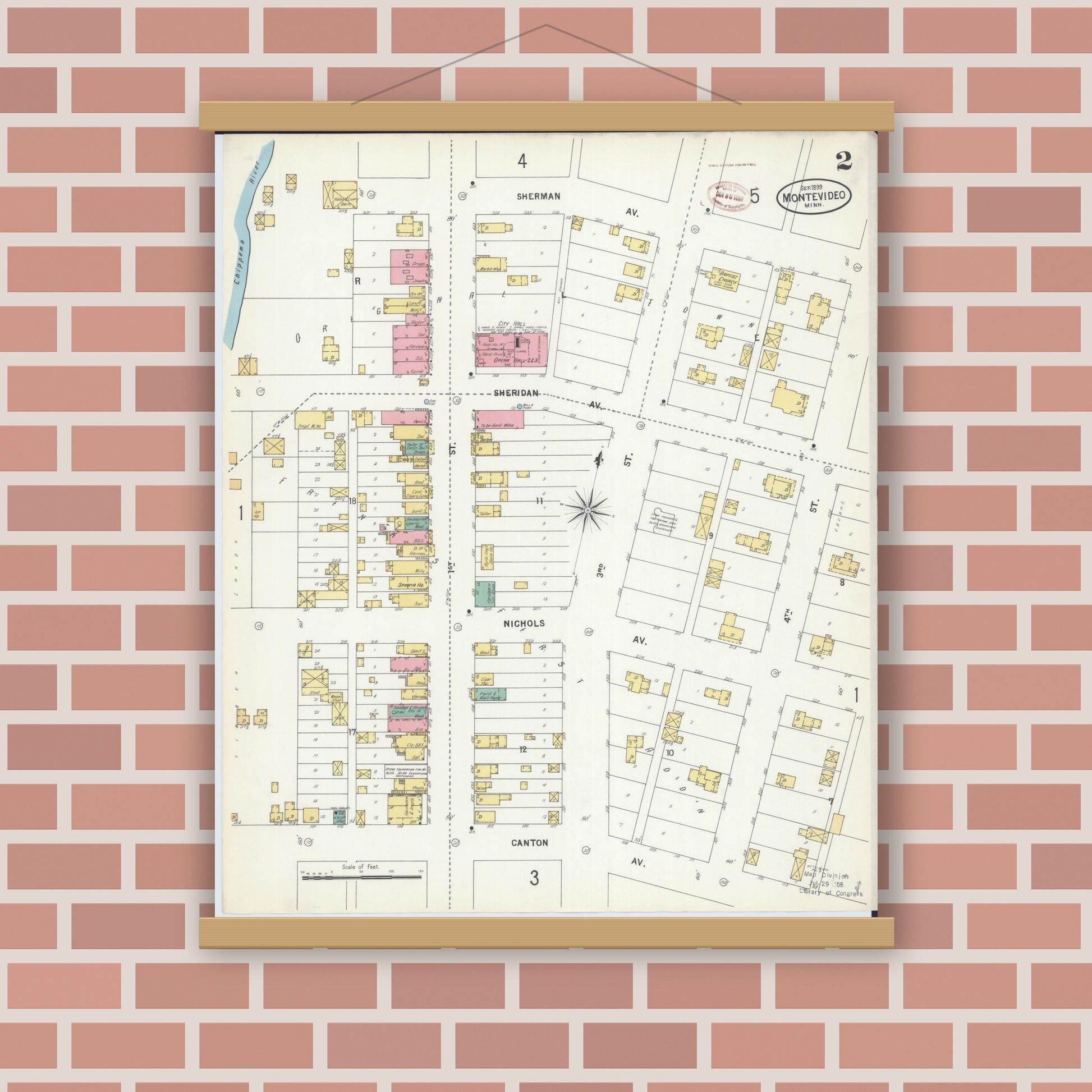 Old map wall art mockup — magnetic wood frame on brick wall — Sanborn Fire Insurance Map from Montevideo, Chippewa County, Minnesota (1899), Sheet #0002
