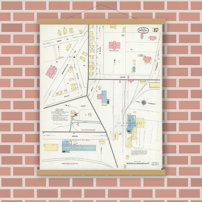 Old map wall art mockup — magnetic wood frame on brick wall — Sanborn Fire Insurance Map from Wabash, Wabash County, Indiana (1910), Sheet #0017