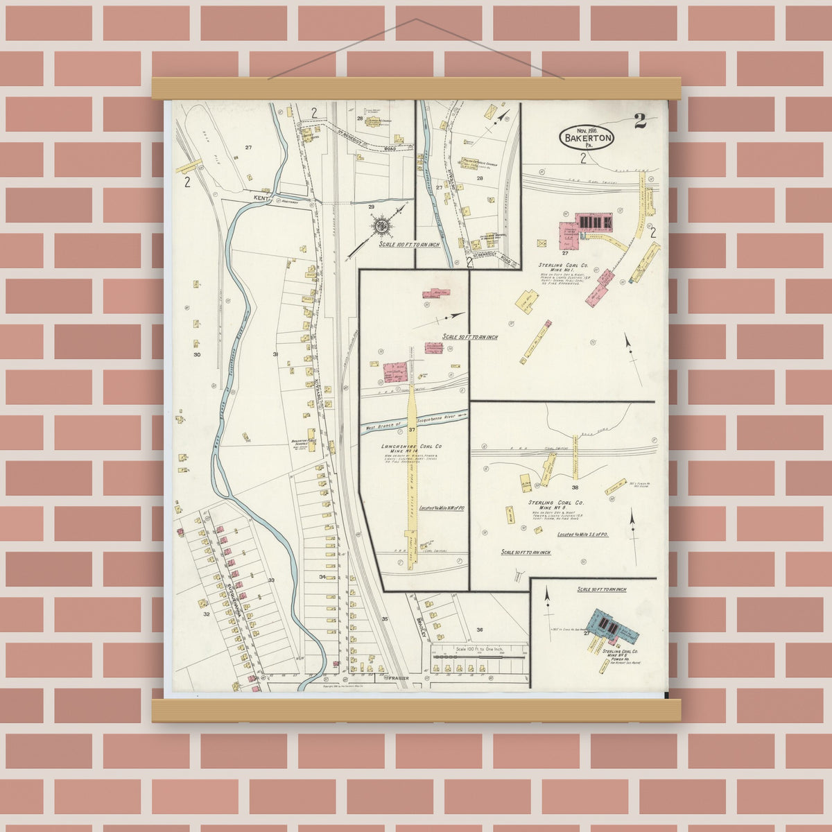 Old map wall art mockup — magnetic wood frame on brick wall — Sanborn Fire Insurance Map from Bakerton, Cambria County, Pennsylvania (1916), Sheet #0002