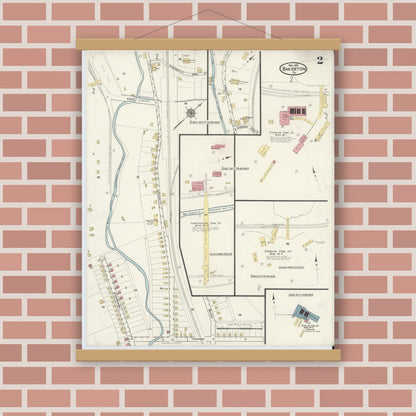 Old map wall art mockup — magnetic wood frame on brick wall — Sanborn Fire Insurance Map from Bakerton, Cambria County, Pennsylvania (1916), Sheet #0002