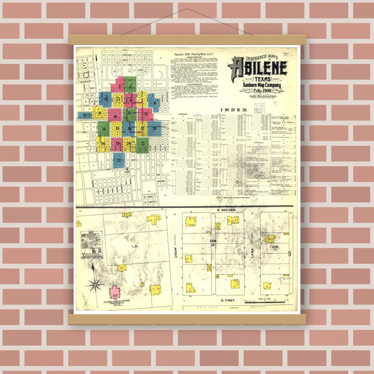 Old map wall art mockup — magnetic wood frame on brick wall — Sanborn Fire Insurance Map from Abilene, Taylor County, Texas (1908), Sheet #0001