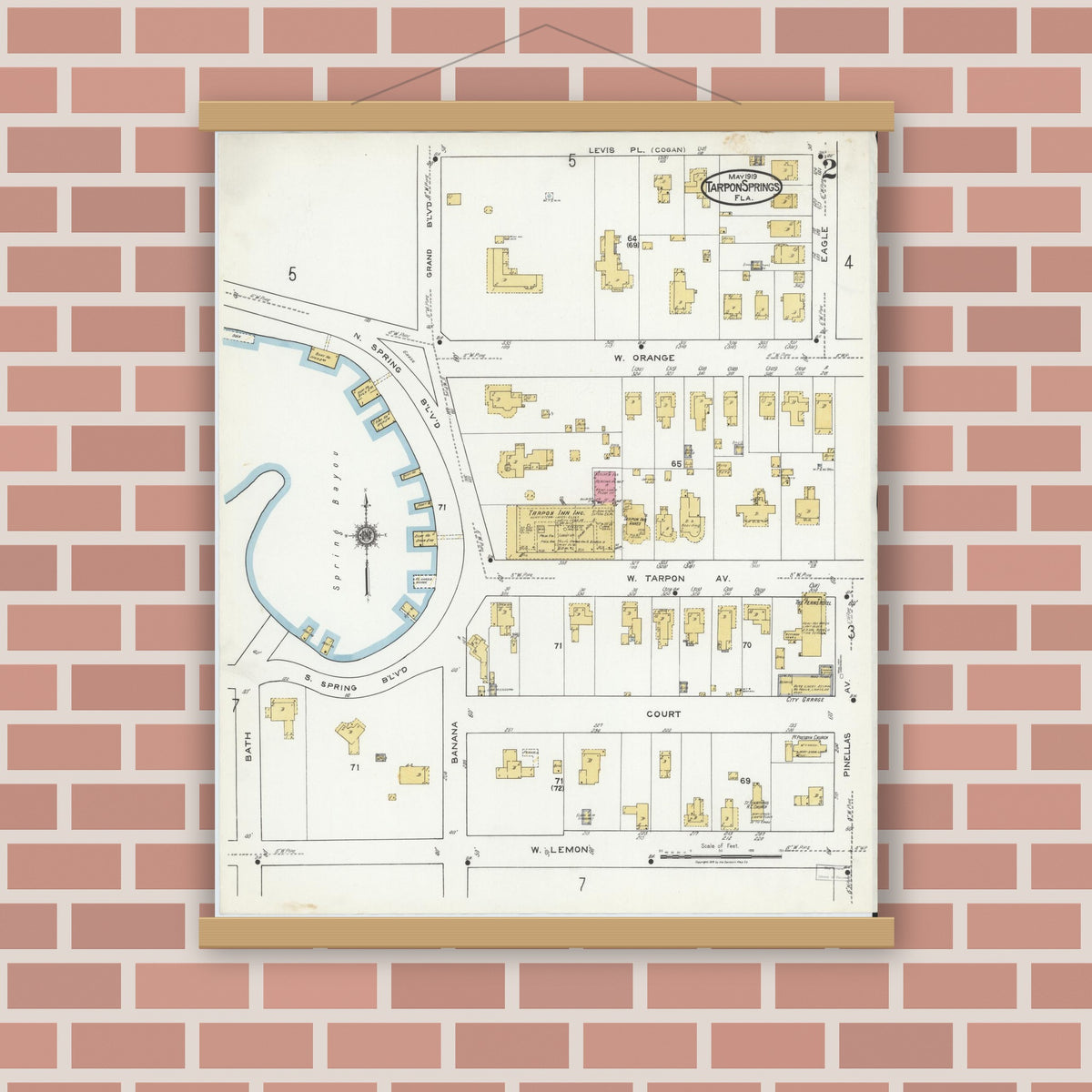 Old map wall art mockup — magnetic wood frame on brick wall — Sanborn Fire Insurance Map from Tarpon Springs, Pinellas County, Florida (1919), Sheet #0002