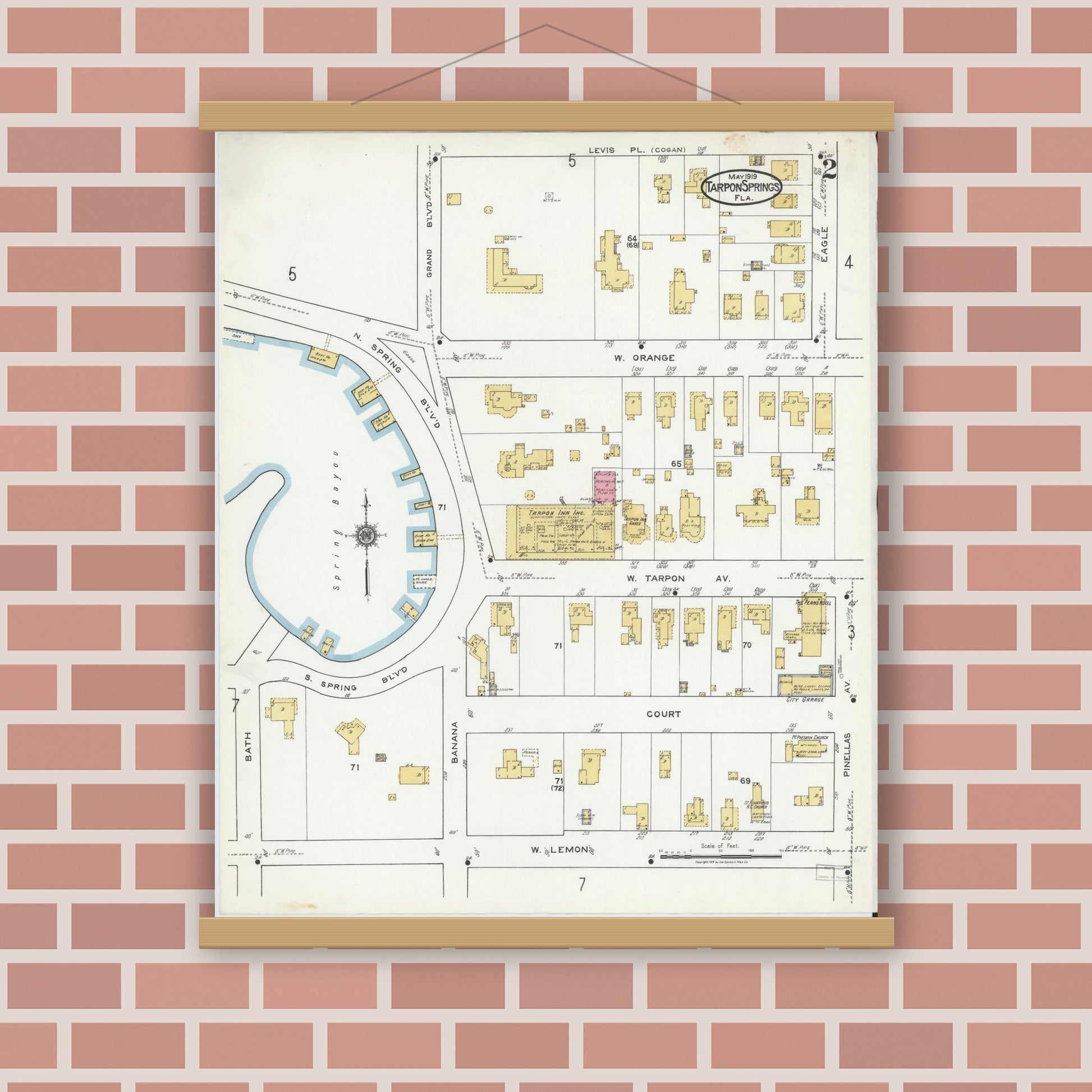 Old map wall art mockup — magnetic wood frame on brick wall — Sanborn Fire Insurance Map from Tarpon Springs, Pinellas County, Florida (1919), Sheet #0002