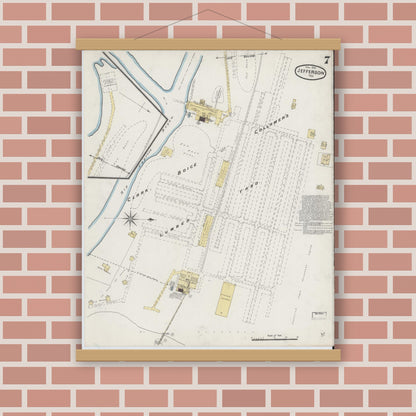 Old map wall art mockup — magnetic wood frame on brick wall — Sanborn Fire Insurance Map from Jefferson, Marion County, Texas (1890), Sheet #0007