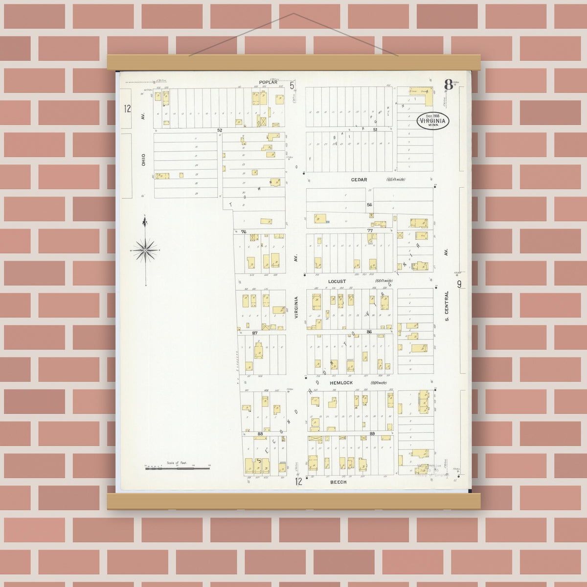 Old map wall art mockup — magnetic wood frame on brick wall — Sanborn Fire Insurance Map from Virginia, Saint Louis County, Minnesota (1908), Sheet #0008