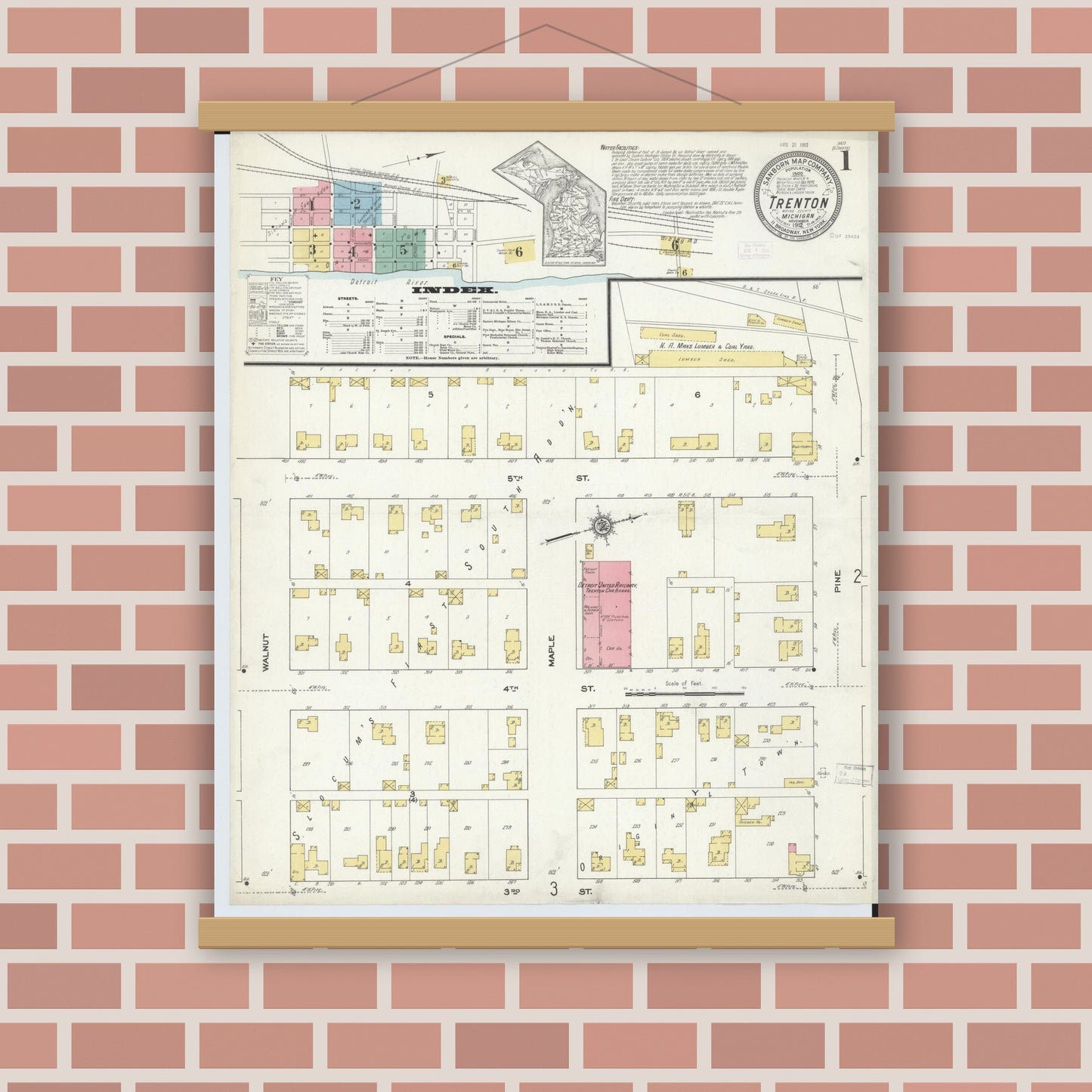 Old map wall art mockup — magnetic wood frame on brick wall — Sanborn Fire Insurance Map from Trenton, Wayne County, Michigan (1912), Sheet #0001
