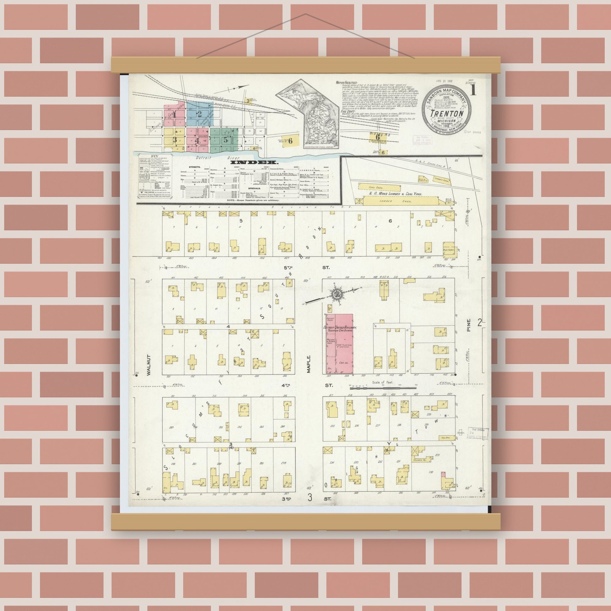 Old map wall art mockup — magnetic wood frame on brick wall — Sanborn Fire Insurance Map from Trenton, Wayne County, Michigan (1912), Sheet #0001