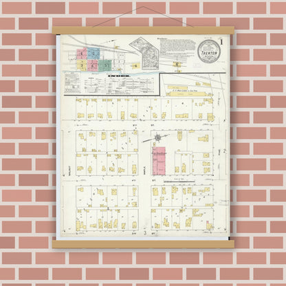 Old map wall art mockup — magnetic wood frame on brick wall — Sanborn Fire Insurance Map from Trenton, Wayne County, Michigan (1912), Sheet #0001