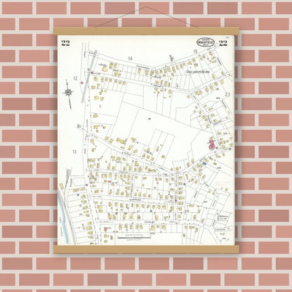 Old map wall art mockup — magnetic wood frame on brick wall — Sanborn Fire Insurance Map from Wakefield, Middlesex County, Massachusetts (1923), Sheet #0022