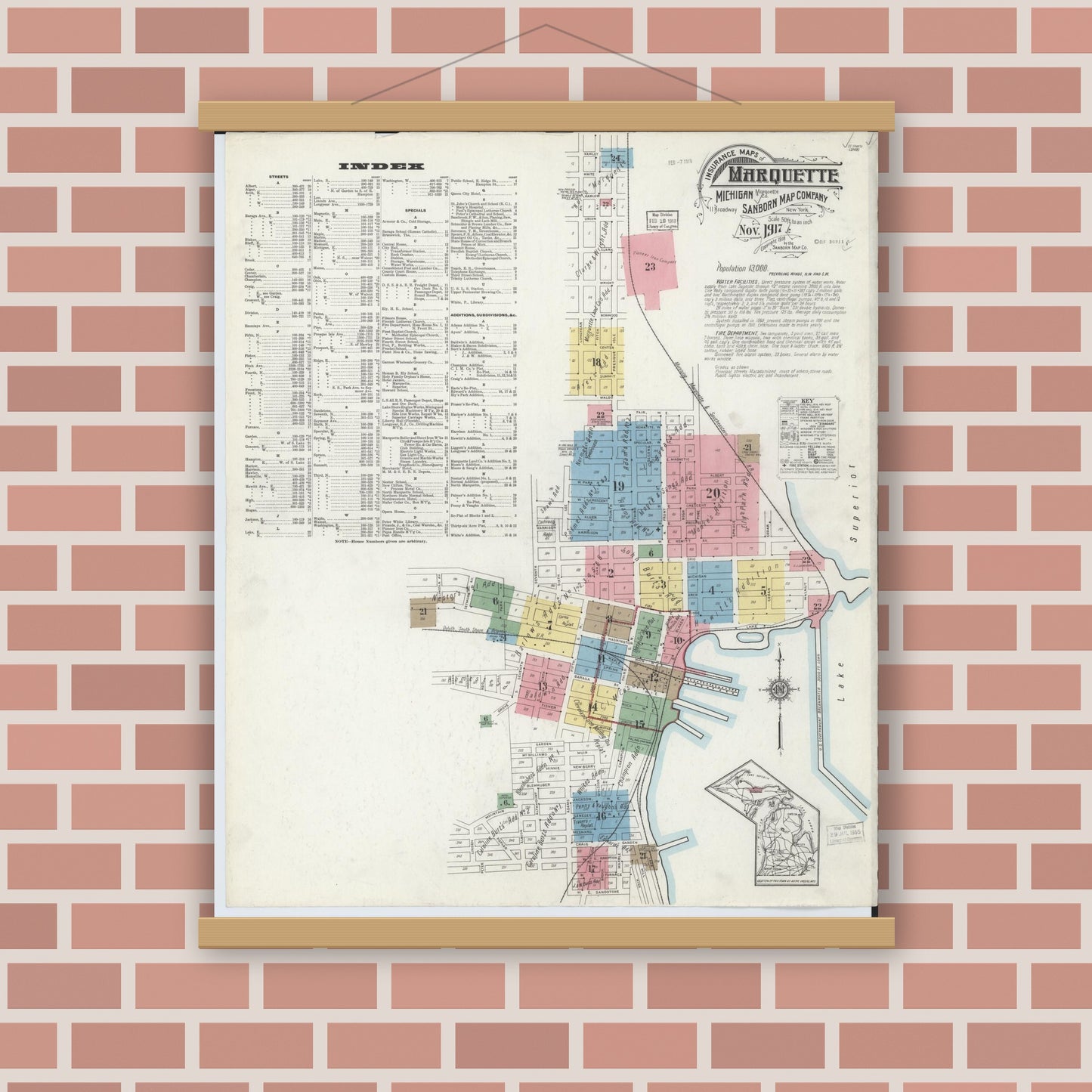Old map wall art mockup — magnetic wood frame on brick wall — Sanborn Fire Insurance Map from Marquette, Marquette County, Michigan (1917) - Complete Map Set