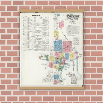 Old map wall art mockup — magnetic wood frame on brick wall — Sanborn Fire Insurance Map from Marquette, Marquette County, Michigan (1917) - Complete Map Set