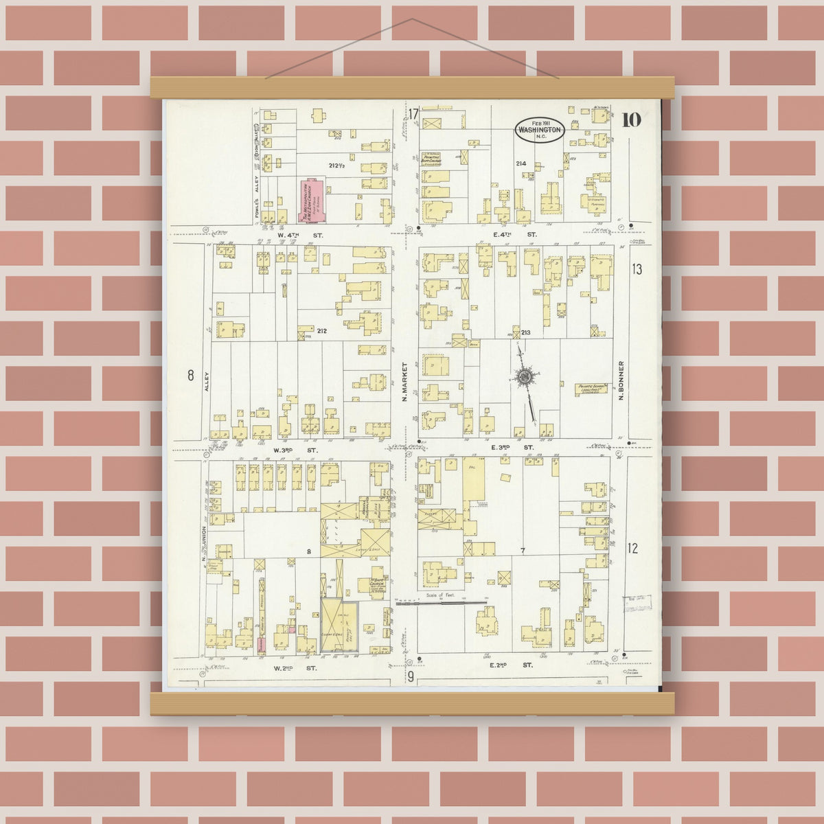Old map wall art mockup — magnetic wood frame on brick wall — Sanborn Fire Insurance Map from Washington, Beaufort County, North Carolina (1911), Sheet #0010