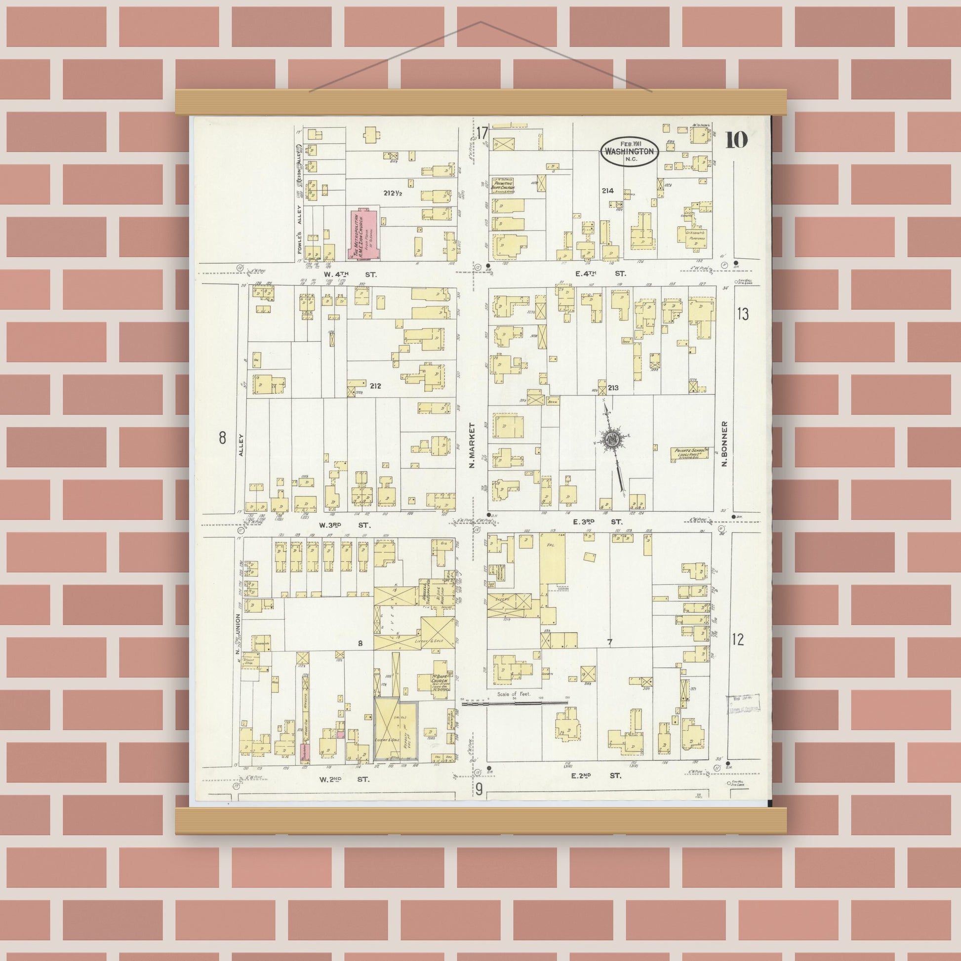 Old map wall art mockup — magnetic wood frame on brick wall — Sanborn Fire Insurance Map from Washington, Beaufort County, North Carolina (1911), Sheet #0010
