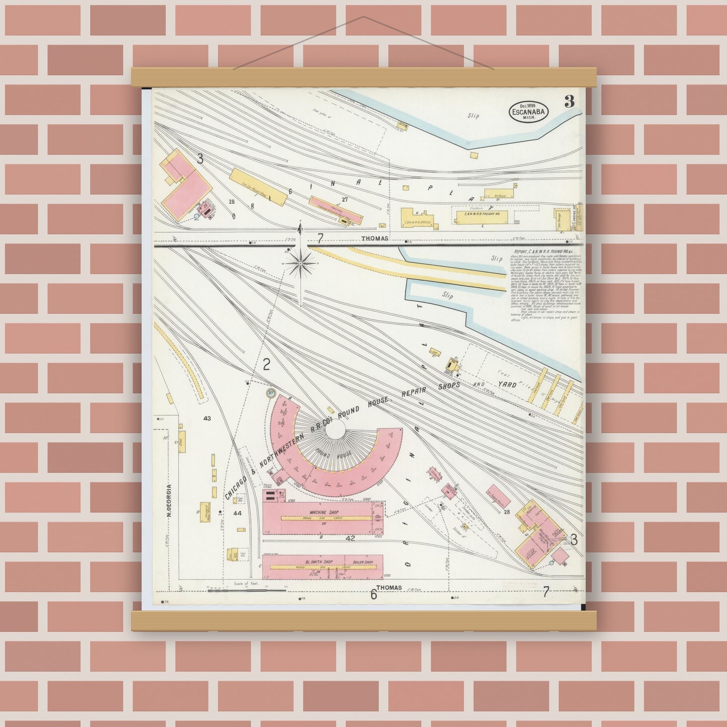 Old map wall art mockup — magnetic wood frame on brick wall — Sanborn Fire Insurance Map from Escanaba, Delta County, Michigan (1899), Sheet #0003