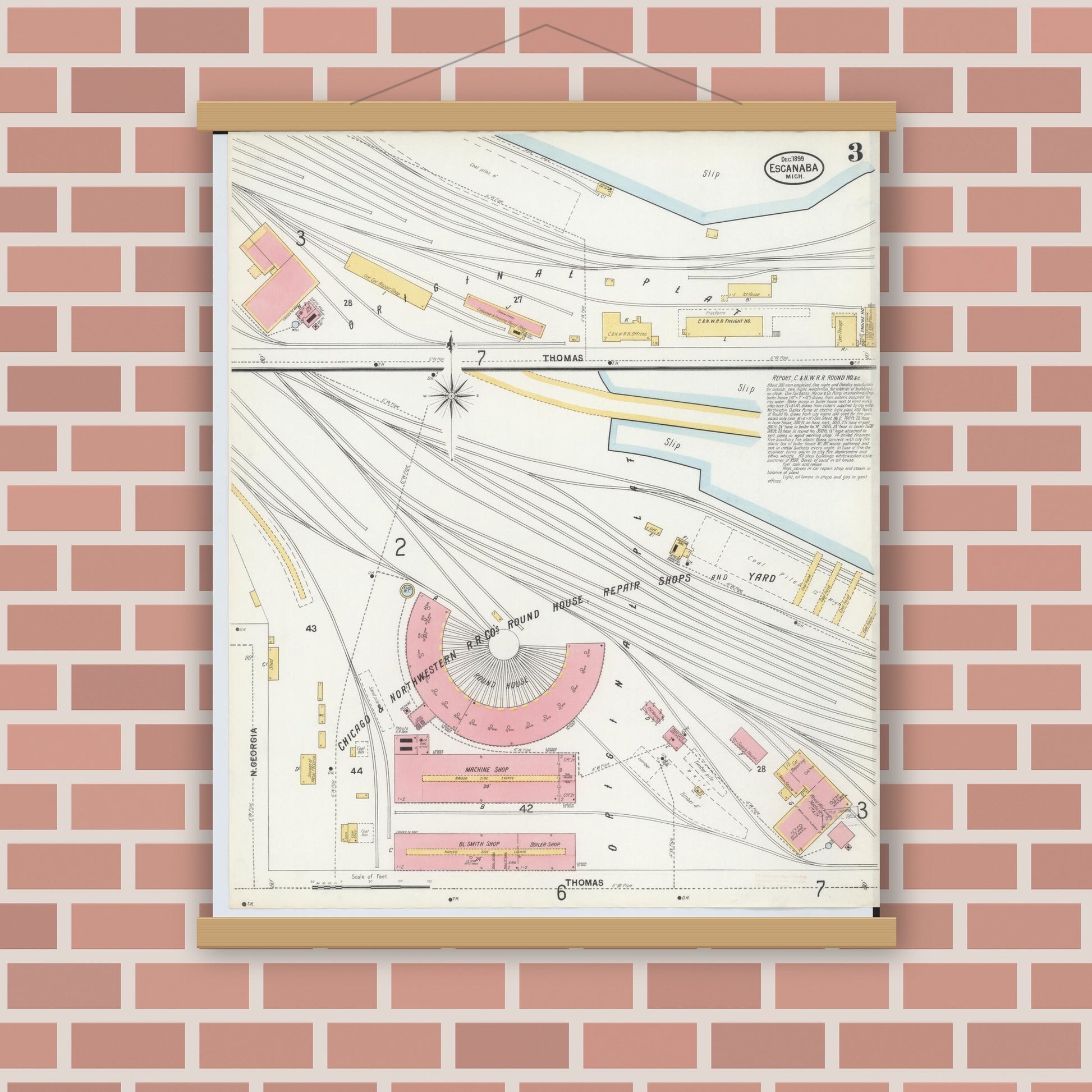Old map wall art mockup — magnetic wood frame on brick wall — Sanborn Fire Insurance Map from Escanaba, Delta County, Michigan (1899), Sheet #0003