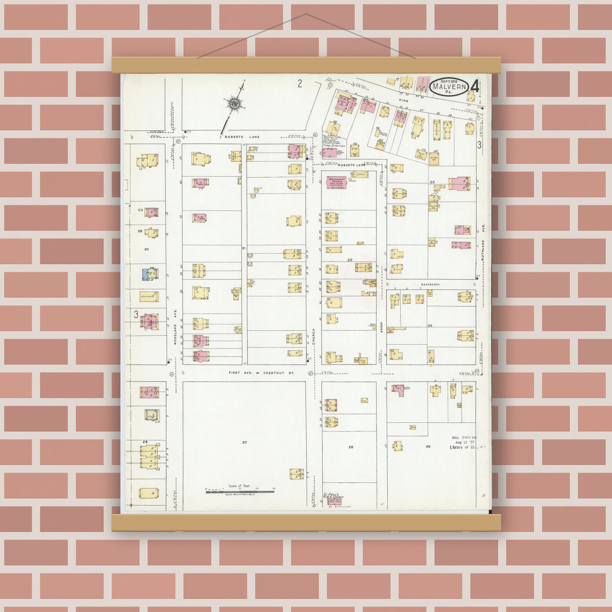 Old map wall art mockup — magnetic wood frame on brick wall — Sanborn Fire Insurance Map from Malvern, Chester County, Pennsylvania (1919), Sheet #0004