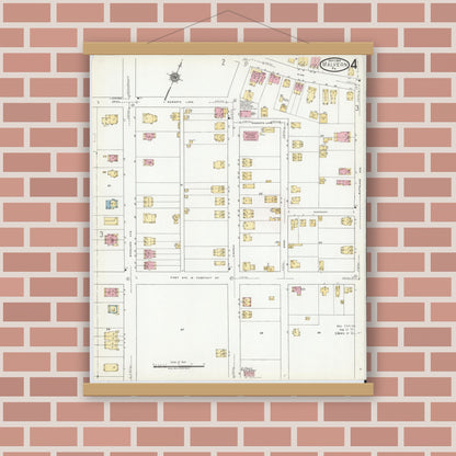 Old map wall art mockup — magnetic wood frame on brick wall — Sanborn Fire Insurance Map from Malvern, Chester County, Pennsylvania (1919), Sheet #0004