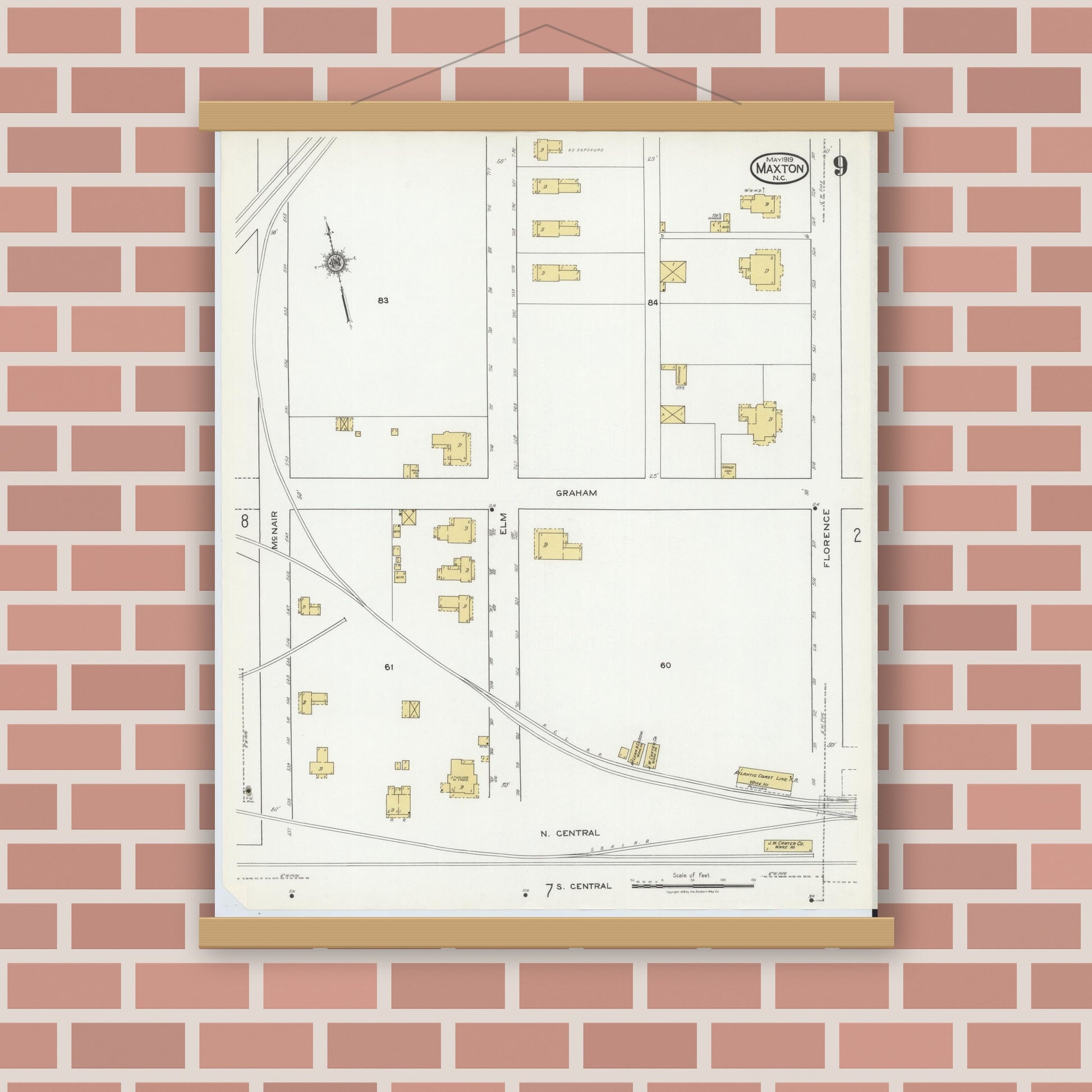 Old map wall art mockup — magnetic wood frame on brick wall — Sanborn Fire Insurance Map from Maxton, Robeson County, North Carolina (1919), Sheet #0009