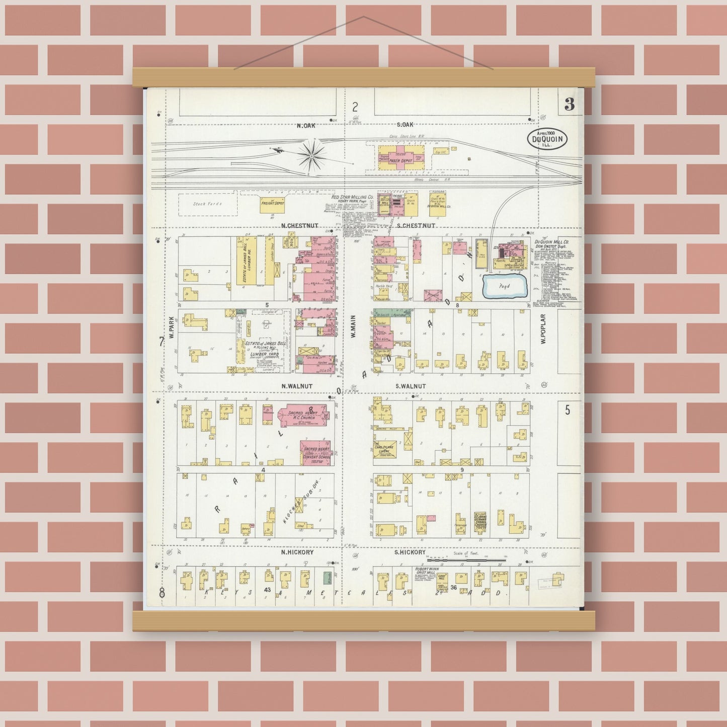 Old map wall art mockup — magnetic wood frame on brick wall — Sanborn Fire Insurance Map from Du Quoin, Perry County, Illinois (1900), Sheet #0003