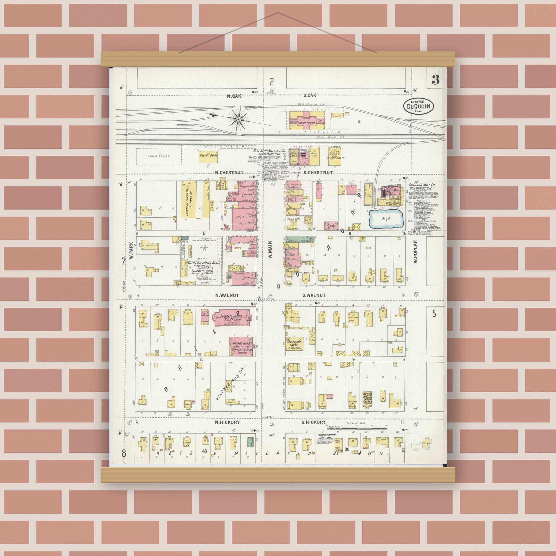 Old map wall art mockup — magnetic wood frame on brick wall — Sanborn Fire Insurance Map from Du Quoin, Perry County, Illinois (1900), Sheet #0003