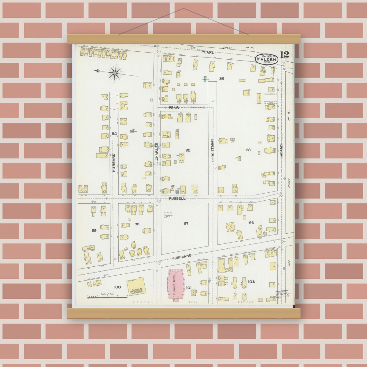 Old map wall art mockup — magnetic wood frame on brick wall — Sanborn Fire Insurance Map from Malden, Middlesex County, Massachusetts (1892), Sheet #0012